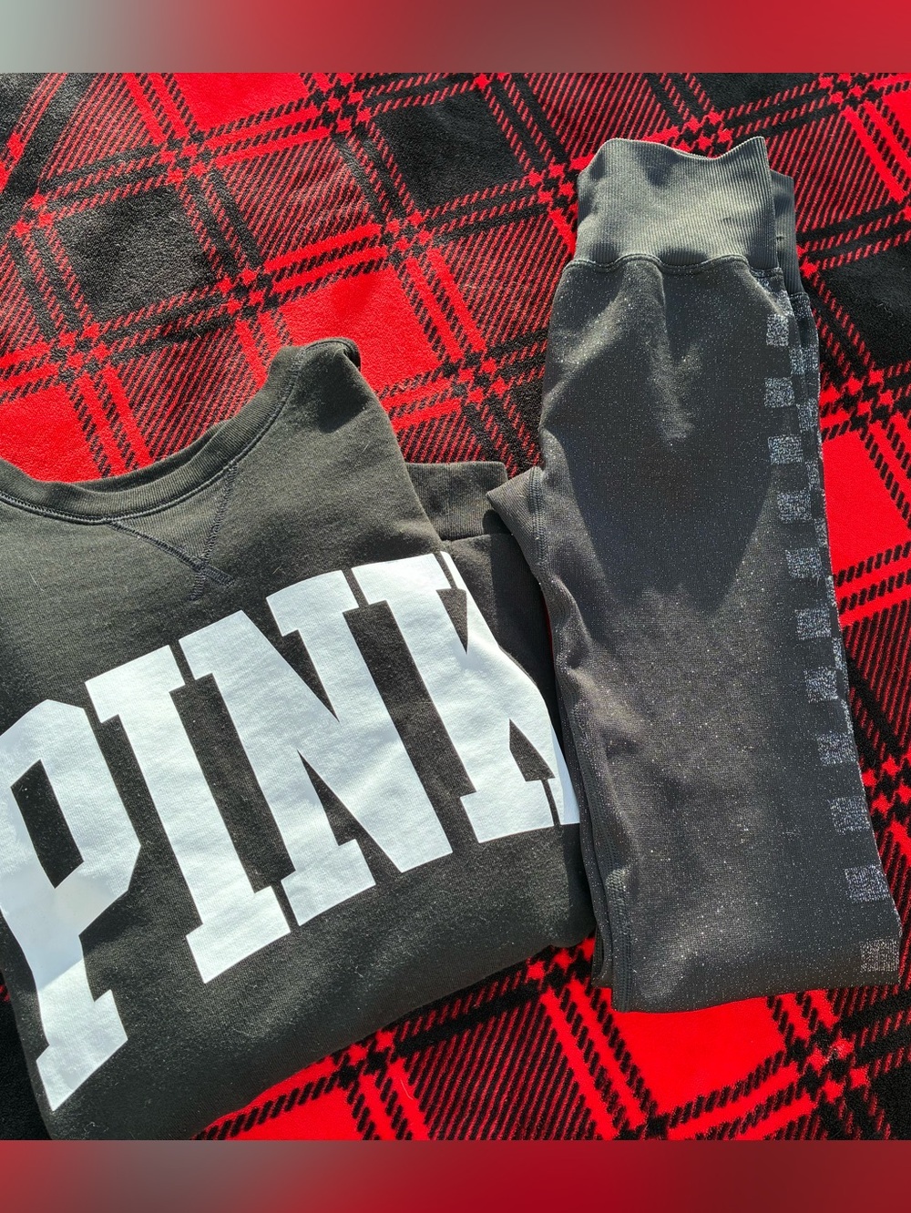 PINK Victoria's Secret Black Crew Sweatshirt with White Logo & PINK Active Leg S - Picture 10 of 13